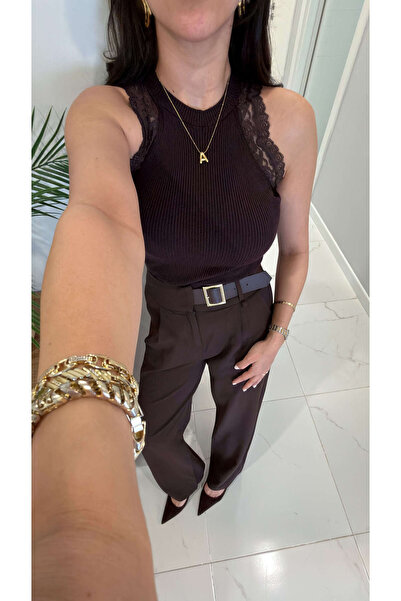 BİRCANÇİL Πλεκτή μπλούζα Fortran Kahve με δαντέλα