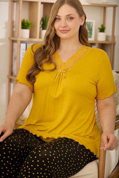 Yellow Ring Viscose Lace Detailed Short Sleeve Plus Size Pajamas Set
