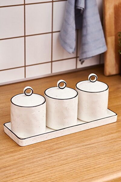 Karçiçeği Home Line Porcelain 3-Piece Spice Set with Stand and Vacuum Lid 400 ml