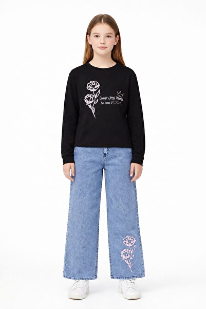 Cansın Mini Κοριτσίστικο Σετ 2 τεμαχίων με Παντελόνι Τζιν με Κέντημα Μαύρο Τρ...