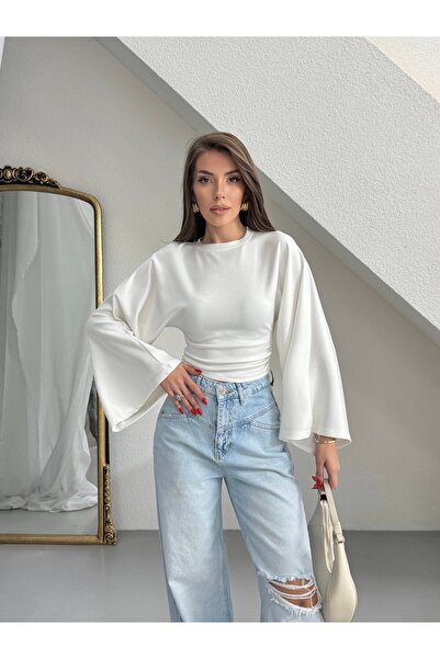 myd Yarasa Kol Beli Büzgülü Bluz - Ekru