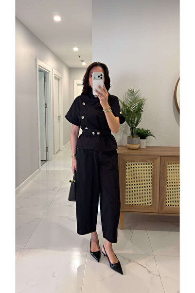 BİRCANÇİL Set vestă și pantaloni cu guler înalt și curea, negru, Dinno