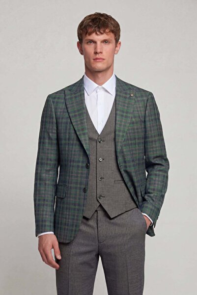 Giotelli Men's Green Plaid 6 Drop Wool Blend Suit with Vest