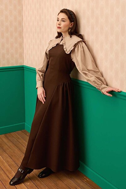 Ceylan Otantik Πολύ ανάγλυφο κρεπ καφέ με λεπτομέρεια κορσάζ jile