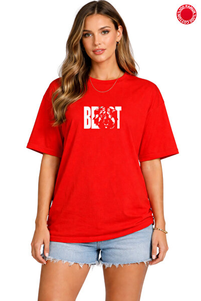 BEETON Κόκκινο μπλουζάκι Oversize Unisex 100% βαμβακερό με στάμπα Beast, Casu...
