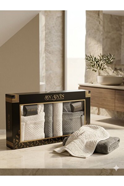Constanza Exclusive Evin 8 Piece Cotton Straw Pattern Family Bathrobe Set / D...