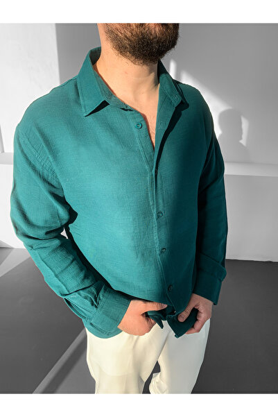 NO1 KONSEPT Зелена лляна сорочка оверсайз з мусліну з довгими рукавами