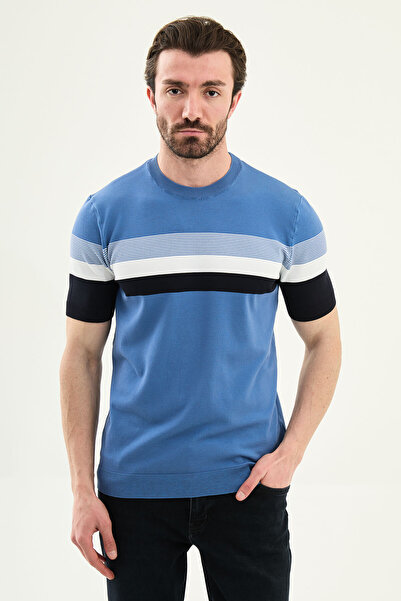 Mcr Striped Slim Fit Crew Neck Men's Knitwear T-Shirt Indigo - 11589.26Y