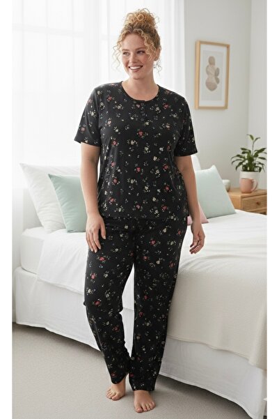 Hukateks Black Flowers 3 Buttons Plus Size Short Sleeve Pajama Set
