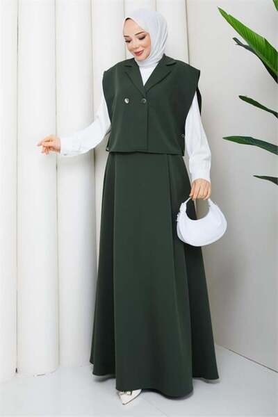 Dipmoda Γυναικεία πράσινη φούστα, μπλούζα και γιλέκο, σετ τριών τεμαχίων για ...