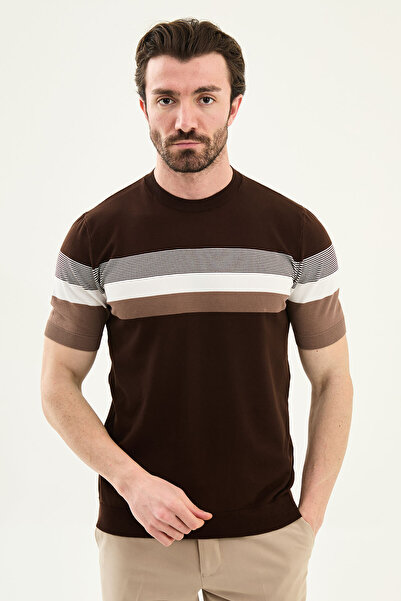 Mcr Striped Slim Fit Crew Neck Men's Knitwear T-Shirt Brown - 11589.26Y