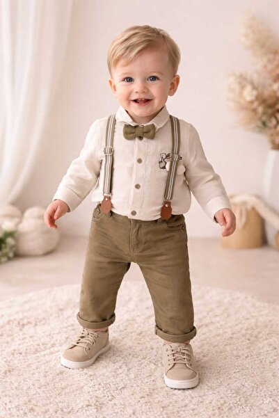kidsense Embroidered Pompom Rabbit Detailed Bow Tie Baby Boy Muslin Shirt and...