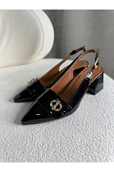 Kadın Siyah Rugan Kısa Topuklu Slingback Ayakkabı – Tokalı Şık Klasik Model