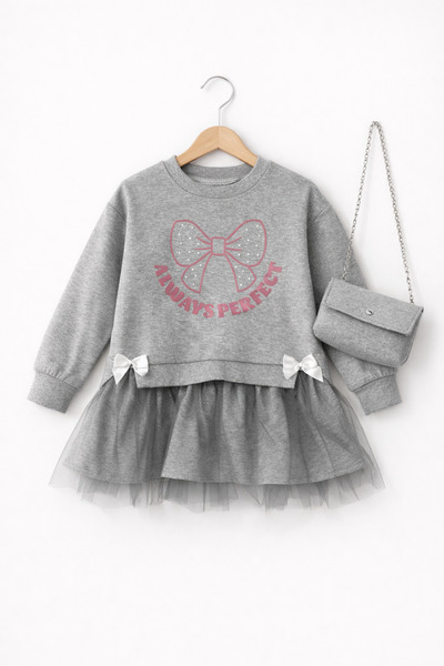 Womi Kids Kız Çocuk Tüllü Elbise Görünümlü Sweatshirt Takım Çantalı