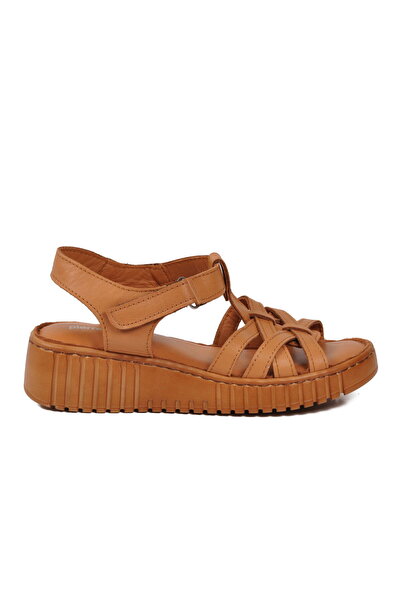 Pierre Cardin Tan Genuine Leather Velcro Women's Daily Heeled Sandals Pc-54787 Z