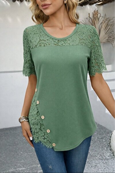 Modayakamoz Women's Short Sleeve Lace Detailed Side Buttoned Waffle Blouse