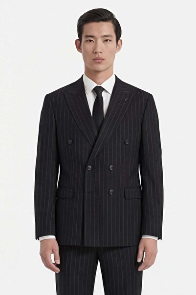 Giotelli Black Slim Fit Pointed Collar Striped Double Breasted Suit
