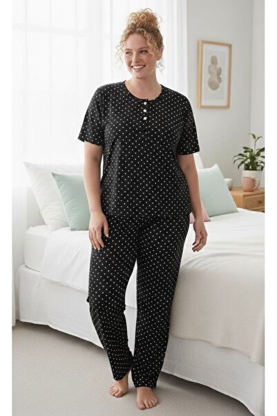 Hukateks Black Polka Dot 3 Buttons Plus Size Short Sleeve Pajama Set