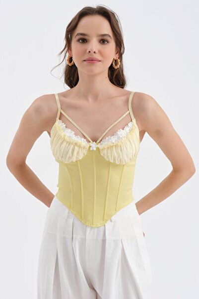 tw3 Women's Lace Detailed Bustier Design Corset Crop with Gathered Details