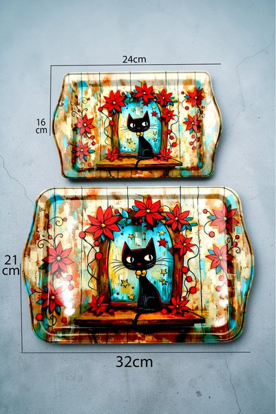ayyagift Sanatsal Kedi Desenli Dekoratif Metal Tepsi | Modern Tasarım Çift Ta...