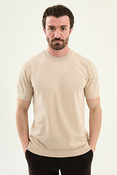 Mcr Pieced Slim Fit Crew Neck Men's Knitwear T-Shirt Beige - 11588.26Y