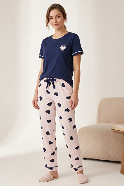 İPEKTENİM Heart Patterned Mini Happy Day Printed Short Sleeve Pajama Set with Piping Detail