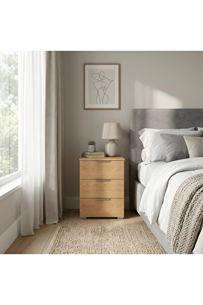 Ysf Ravoni Home Premium %100 MDF 3 Çekmeceli Komodin - Modern Meşe Tasarım - ...