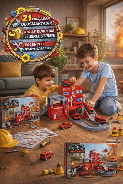 TOYFEST İtfaiye Garaj Seti Oyuncak 21 Parça Araçlı Rampa Helikopterli Eğitici...
