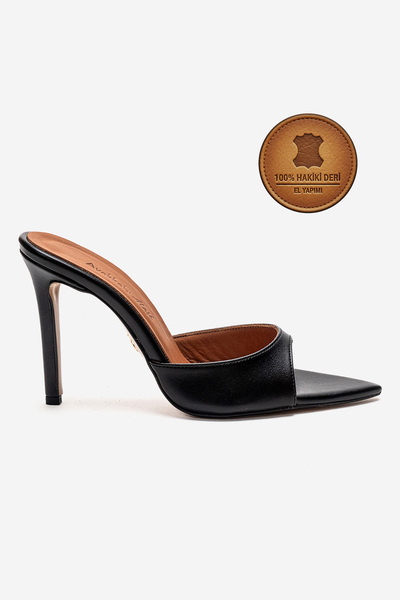 Ayakkabı Ateşi Genuine Leather Handmade Black Leather Pointed Toe Thin Heeled...