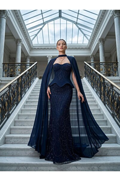 OLA Milas Pelerinli Korse Ve İşleme Detaylı Balık Kesim Abiye Elbise