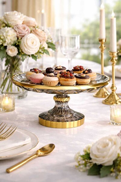 YONCA ART CONCEPT LÜKS GOLD AYAKLI CAM SUNUM SERVİS DEKOR TABAĞI ŞIK MASA SUN...