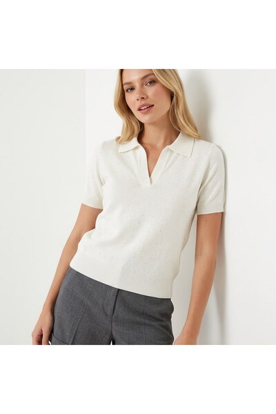 Noi Belis Polo Collar Glittered Thin Knitwear Blouse Ss26Bz0084