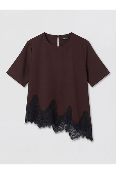 LC Waikiki Brown Crew Neck Asymmetrical Cut Lace Detailed Blouse by Güli̇s Gi...