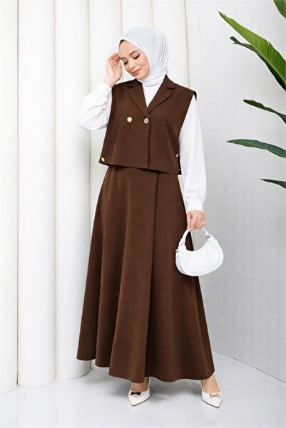Dipmoda طقم حجاب ثلاثي من البلوز والسترة والتنورة البنية DPFT007