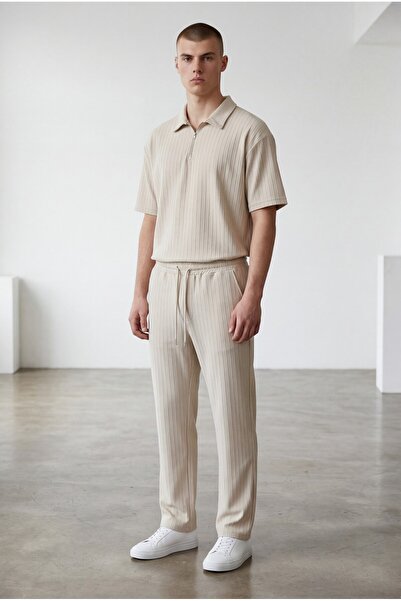 Altamira Men's Beige Half-Zip Striped Suit