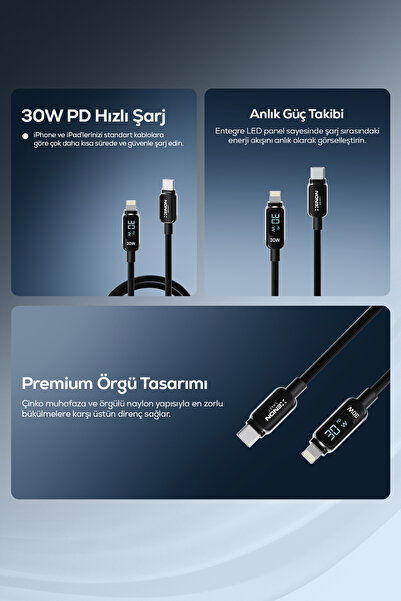 Xenon Smart Type-C to Lightning iPhone Şarj Kablosu | 30W PD Hızlı Şarj, 2m. LED,Örgü, 480Mbps (X6427)