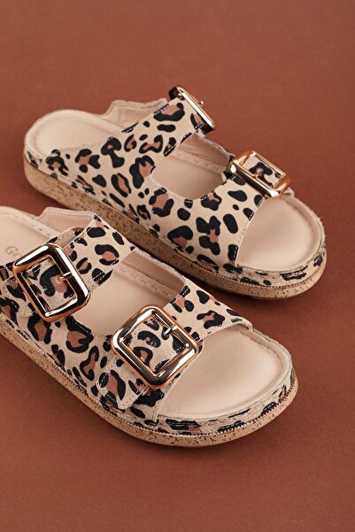 Gondol Удобни чехли от естествена кожа с двойна катарама rh.200 Бежов леопард