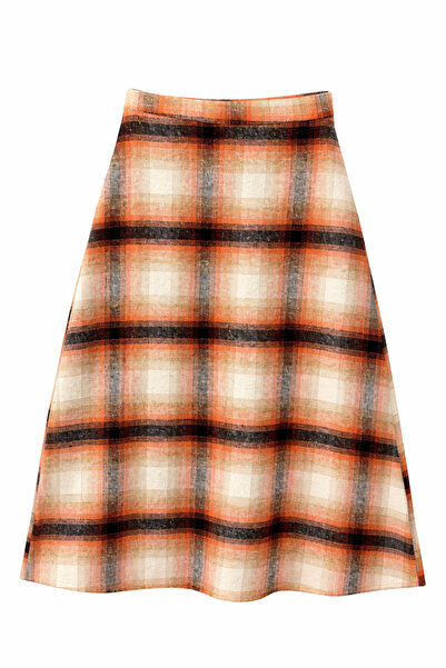 Mixray 2038 تنورة نسائية منقوشة متوسطة الطول باللون البرتقالي