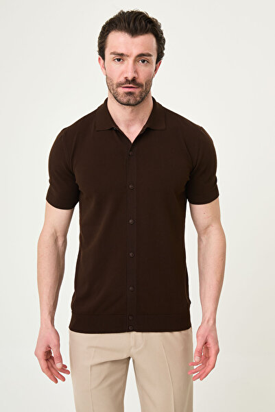 Mcr Straight Slim Fit Short Sleeve Men's Knitwear Shirt Brown - 11246.26Y