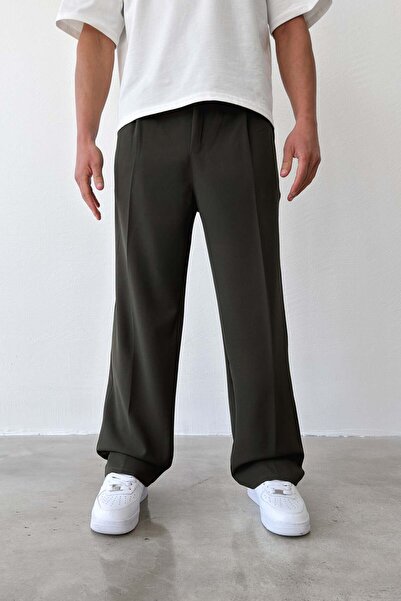 Flaw Wear بنطلون أخضر من القماش بقصة فضفاضة ومطوي