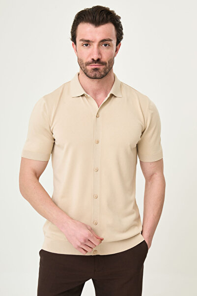 Mcr Straight Slim Fit Short Sleeve Men's Knitwear Shirt Beige - 11246.26Y