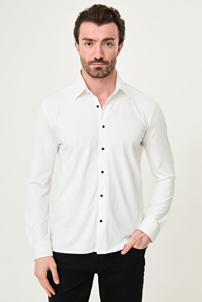 Mcr Striped Slim Fit Metal Button Long Sleeve Men's Shirt White - 27139.26Y