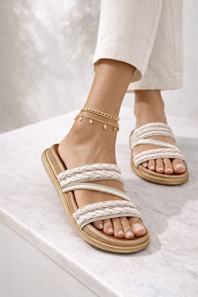 Slipcat Straw Textured Cross Braided Strap Women's Slippers with Stone Detail