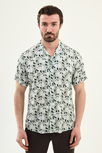 Mcr Patterned Slim Fit Lapel Collar Short Sleeve Men's Shirt Green - 27127.26Y
