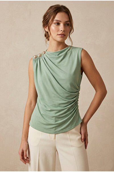 MELA ROSSA Women's Mint Boat Neck Shoulder Buttoned Sleeveless Sandy Fabric B...