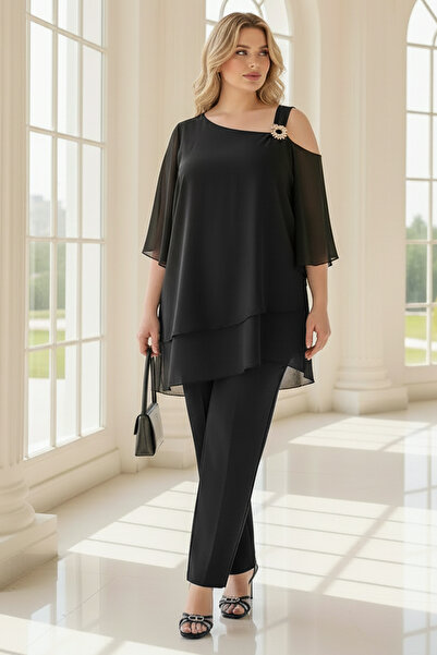 SUBU TASARIM Blouse Pants Chiffon Crepe One Shoulder Brooch Detail Plus Size ...