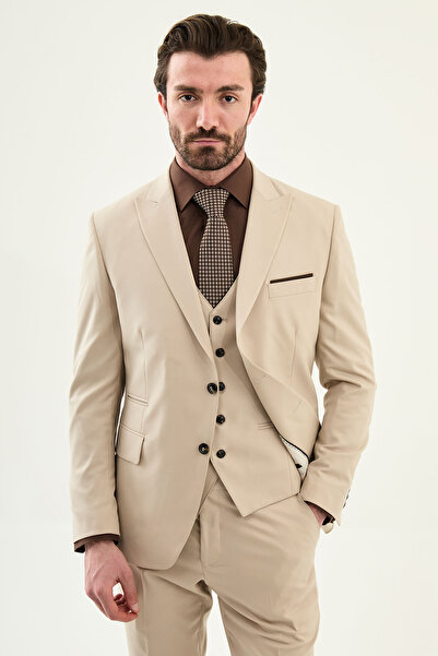 Mcr Plain Slim Fit Wide Collar Men's Suit with Handkerchief Detail Beige - 45...