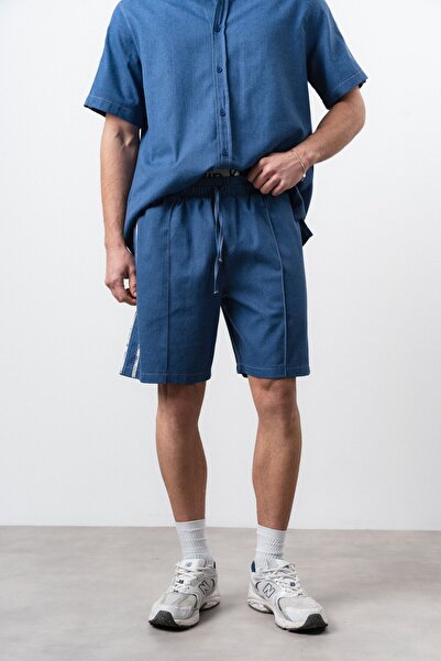 Respire شورت دينيم رجالي بتفاصيل مخططة باللون الأزرق الداكن