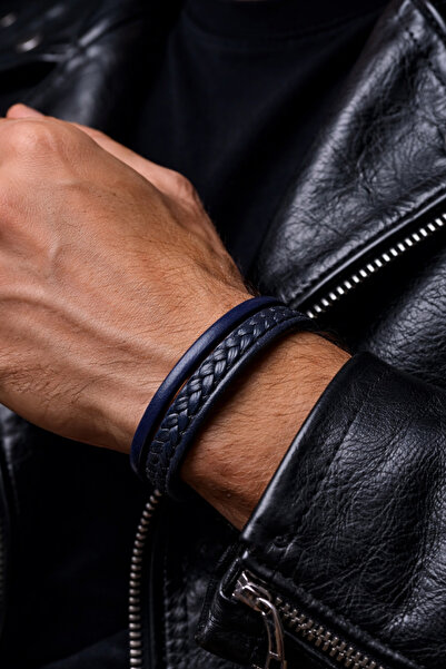 OSMANLI GÜMÜŞ Men's Leather Bracelet Navy Blue Black Multi Leather Cord Brace...