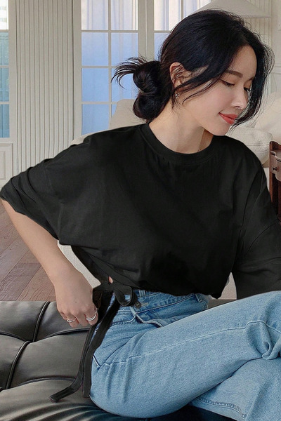 Tarz Cool Women's Oversize Basic Black T-Shirt with Side Ties, Comfortable Cu...